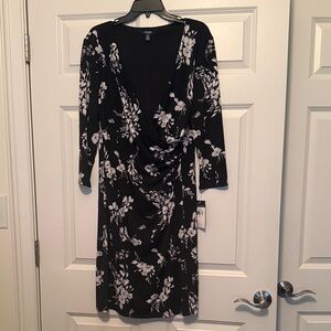 Chaps Black and White Floral Long Sleeve Dress